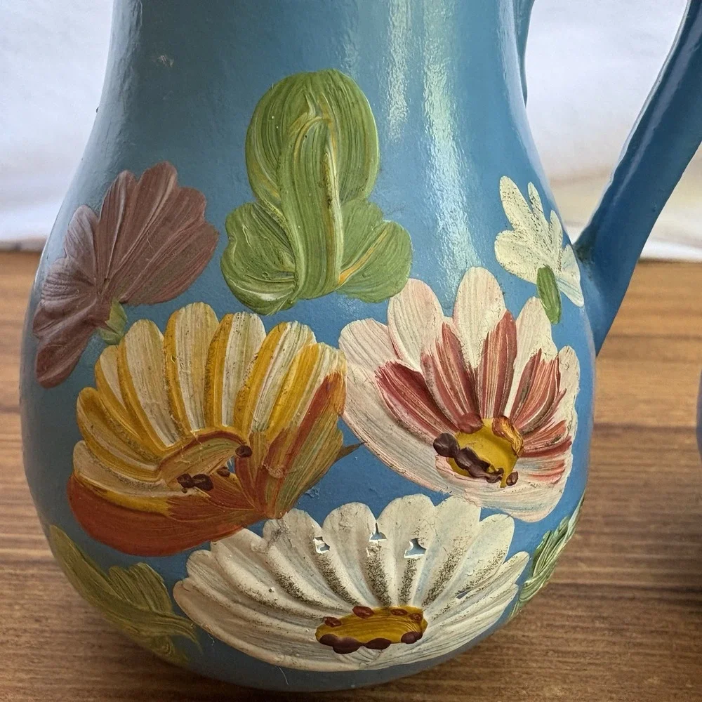 Vintage Ransburg Pottery Blue Floral Hand Painted Salt Pepper Shakers MCM